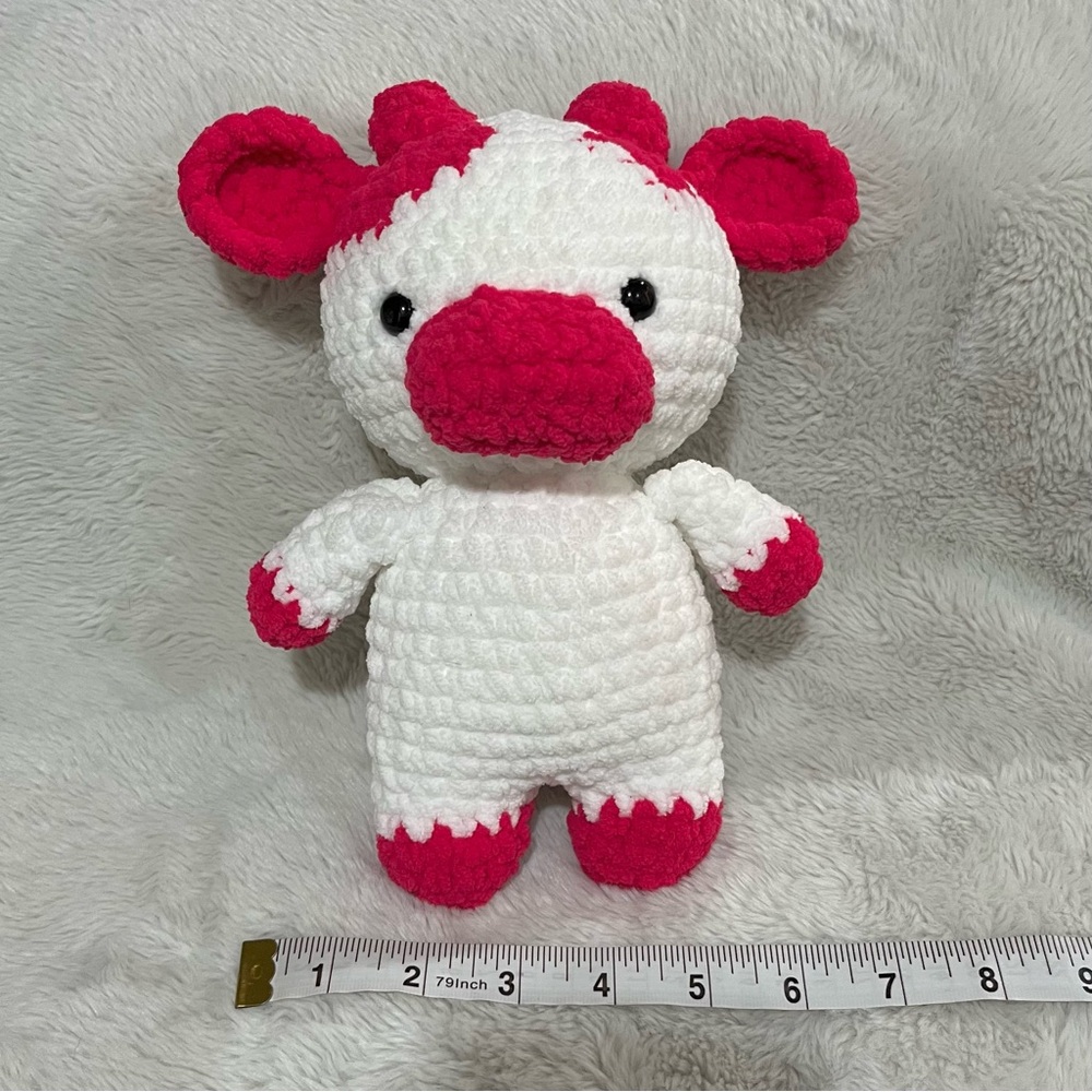 Handmade Plush Cow Stuffed Toy - White & Bright Pink
